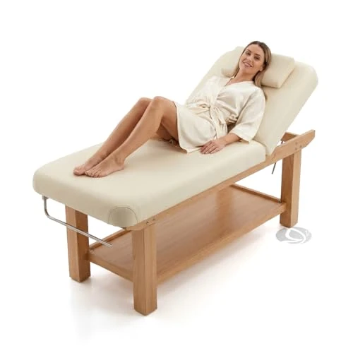 Offerta a tempo: Lettino Massaggio Professionale in Legno Naturale, Lettino Estetista Fisso con Portarotolo e Schienale Regolabile per Massaggio, Centro Estetico e SPA - Cuscino Spessorato in Sky Ecopelle colore Crema - 0.00% da 597.97 € a 597.97 €