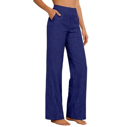 Offerta a tempo: Lggwunsi pantaloni leggeri donna, Pantaloni Donna Estivi in Cotone e Lino, Eleganti Elastico Vita Alta Pantaloni Larghi Curvy Leggeri e Comodi a Gamba Larga Casual Yoga Pantalone Gamba Dritta, Blu, M - 0.00% da 16.99 € a 16.99 €