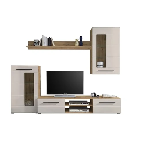 Offerta a tempo: AVANTI TRENDSTORE - Magisano -Parete Attrezzata Soggiorno Quercia Artisan e Cashmere con Mobile TV, 2 Vetrine e Mensola – 240x190x42 cm - 45% da 605.39 € a 332.49 €