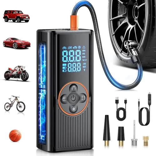 Zeitlich begrenztes Angebot: Kabellose Elektrische Luftpumpe 8000mAh, 150PSI Akku-Kompressor, Dual-Power Elektrische Fahrradpumpe mit Digitalanzeige & LED-Licht mit 4 Verschiedenen Düsen, Autostopp für Auto,Motorrad,Fahrrad,Bälle von 49.99 € auf 29.99 € (