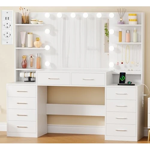 Offerta a tempo: BEWISHOME Toletta da Trucco con Specchio Contenitore per Gioielli,Toletta da Trucco con Luci LED e Prese,Luminosità Regolabile,Toeletta con 10 Cassetti,5 Aperti,5 Ganci,Moderno Bianco EFST52M - 0.00% da 139.99 € a 139.99 €