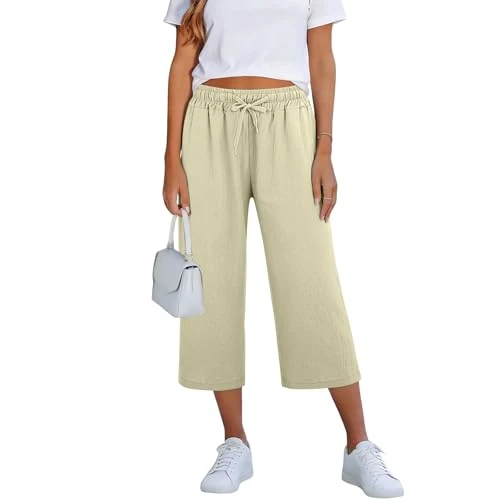 Offerta a tempo: RUIRUILICO Pantaloni Donna Estivi Cotone e Lino Leggeri Pantaloni Capri Elastico in Vita Casual a Gamba Dritta Pantalone Taglie Forti Comodi Spiaggia con Tasche - 0.00% da 16.99 € a 16.99 €
