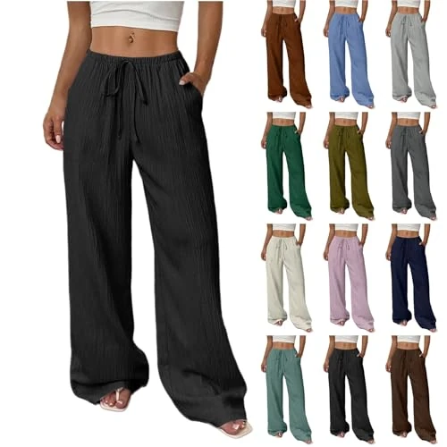 Offerta a tempo: Pantaloni Donna Estivi Casual Cotone E Lino Pantaloni Larghi Donna Con Elastico In Vita Alta Freschi Comodi Pantalone Da Spiaggia Tinta Unita Sciolto Leggeri Linen Pants Baggy Elegante Pantalone - 0.00% da 25.98 € a 25.98 €