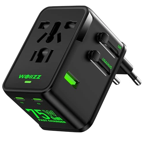 Offerta a tempo: Adattatore da viaggio 75W, adattatore universale europeo GaN a ricarica rapida con 5 porte (1 AC, 1 USB-A e 3 USB-C), spina adattatore con chip intelligente per oltre 200 paesi, caricabatterie PD & QC - 35% da 49.99 € a 32.29 €