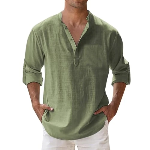 Offerta a tempo: Generico Camicia Lino Uomo, Maniche Lunghe Regolabili, Collo Coreano, Con Taschino, Traspirante E Leggera, Per Primavera, Estate E Autunno, Tempo Libero E Spiaggia, S-5Xl - 0.00% da 14.99 € a 14.99 €