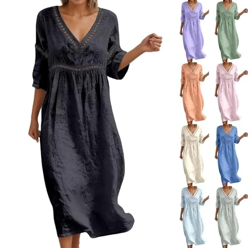 Offerta a tempo: Vhersily Abito Lino Donna Abito Estivo a Maniche a 3/4 Boho Chic Abiti Vacanza Comodo Taglie Forti Vestito Lungo in Cotone Scollo a V Largo Vestiti da Spiaggia Traspiranti per Spiaggia Vacanze al Mare - 0.00% da 19.99 € a 19.99 €
