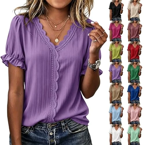 Offerta a tempo: Generico Blusa Estiva Donna in Lino Cotone Pizzo Scollo a V Maniche a Sbuffo Comoda Versatile per Uso Quotidiano e Lavoro - 0.00% da 9.99 € a 9.99 €