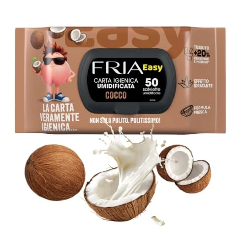 Offerta a tempo: Fria Easy Carta Igienica Umidificata al Cocco con Effetto Idratante, Tessuto Gettabile nel WC, Dermatologicamente Testate, Confezione da 50 Salviette - 15% da 1.99 € a 1.69 €