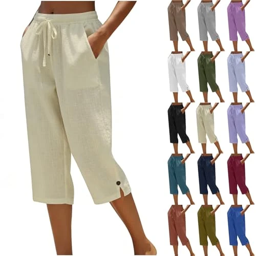 Offerta a tempo: Pantaloni Capri Da Donna Lino Pantaloni 3/4 Estivi Con Tasche Elegante Pinocchietti Jogging Pantaloncini Palestra Leggeri Vita Alta Sportivi Casual Larghi Shorts Per Yoga Pilates Fitness S-5XL - 0.00% da 19.98 € a 19.98 €