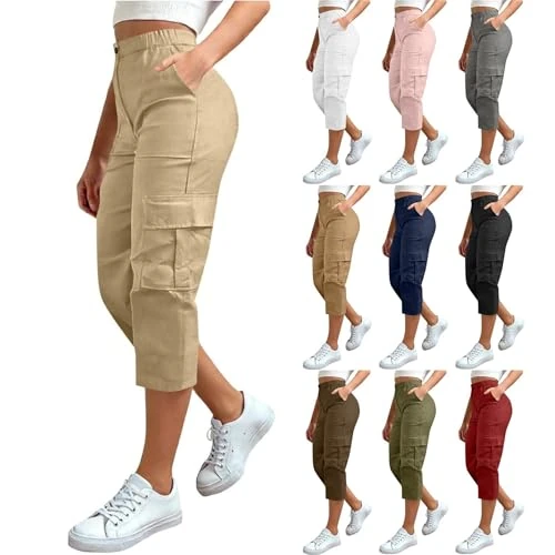 Offerta a tempo: Tnompsu Pantaloni Donna Estivi Cargo Pinocchietto Capri 3/4 Sportivo Pantalone Leggero Comodi con Tasche Multiple Elastico Vita Alta Pantaloni Slim Fit Casual Shorts per Jogging E Trekking - 0.00% da 23.98 € a 23.98 €