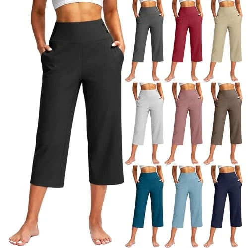 Tnompsu Pantalones de mujer de cintura alta elásticos, pantalones de trabajo para mujer elegantes, pantalones cortos de yoga, pierna ancha cropped casual, color liso, con bolsillos y botones, para