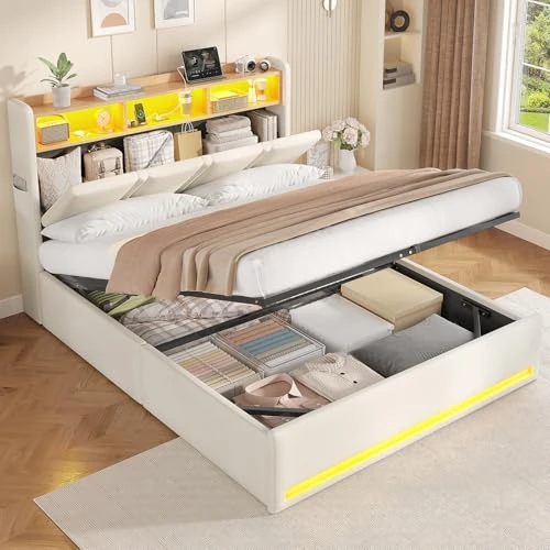 Offerta a tempo: AOGLLATI Letto Matrimoniale con Contenitore, Letto Matrimoniale Imbottito con Ampio Spazio di Stivaggio, Struttura Letto Contenitore 140x190 con Luci a LED Regolabili e Stazione di Ricarica, Beige - 0.00% da 195.99 € a 195.99 €