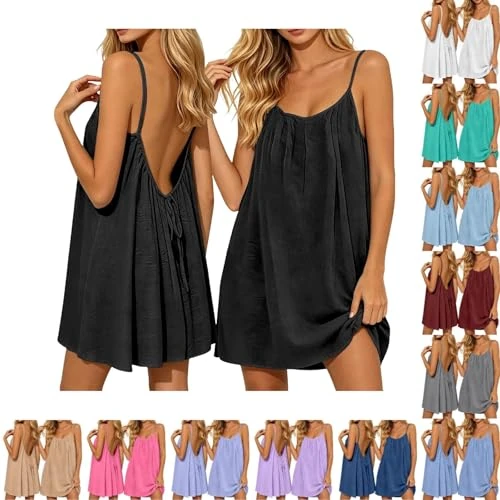 Offerta a tempo: Vestito Schiena Scoperta da Casa Donna Lino Abito Casual Tinta Unita Senza Maniche Loose Abiti Lunghezza al Ginocchio Casual Spiaggia Leggero Schienale con Cordino Spiaggia Vacanze Blu Vestiti XL S L - 0.00% da 9.99 € a 9.99 €