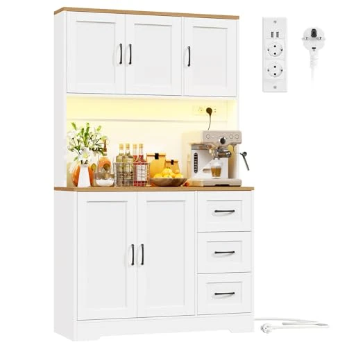 Tijdelijke aanbieding: BEWISHOME keukenkast met LED-licht en stopcontacten - keukenbuffet, buffetkast, hoge kast, 2 bovenkastjes, 3 laden, 2 deuren, verstelbare legplanken, 180x60x40 cm, wit, EZCG04W van 199.99 € naar 199.99 € (0.00% korting)