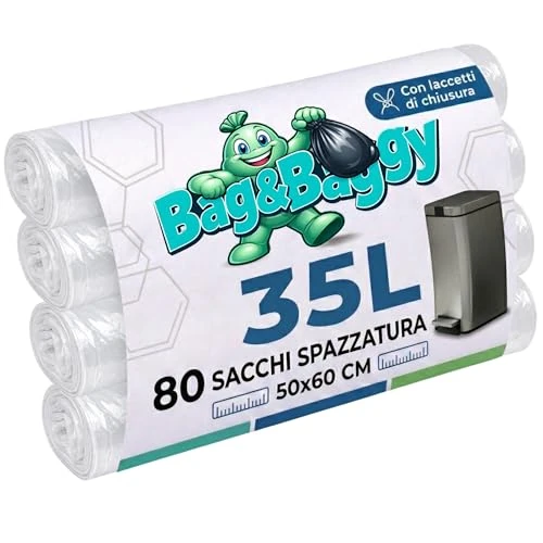 Offerta a tempo: Bag&Baggy 80 Sacchi Spazzatura Trasparenti 35 Litri con Laccetti di Chiusura 50x60 cm, HDPE Resistente, Sacchetti Pattumiera Antiforo per Raccolta Differenziata, 4 Rotoli da 20 Pezzi - 0.00% da 13.15 € a 13.15 €