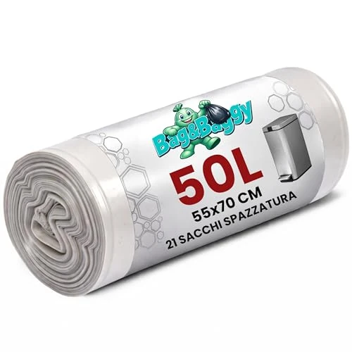 Offerta a tempo: Bag&Baggy 21 Sacchi Spazzatura Heavy-Duty 55x70 cm 50 Litri, Ultra-Resistenti in LDPE, Colore Ambra - Compatibili con Bidoni e Pattumiere da 50L - 21 Pezzi (1 Rotolo) - 9% da 10.99 € a 9.99 €