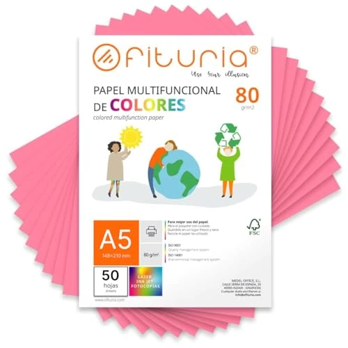 Offerta a tempo: OFITURIA Fogli Colorati A5 80g, Confezione da 50 Fogli – Carta Colorata per Lavoretti, Stampante e Scrapbooking – Fogli A5 Colorati – Ideale Origami, Ufficio e Scuola (Rosa) - 0.00% da 5.04 € a 5.04 €