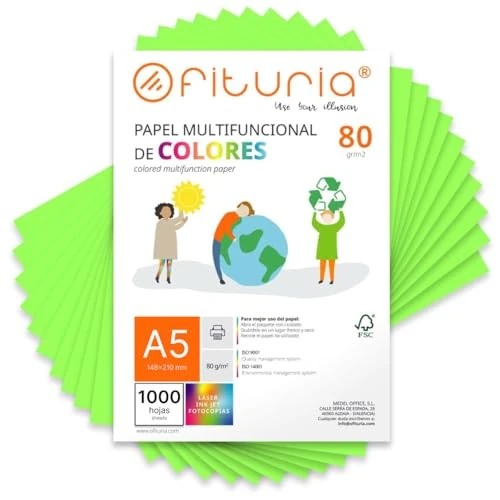 Offre limitée : OFITURIA Feuilles de Couleur A5 80g, Pack 1000 Feuilles – Papier Couleur pour Loisirs Créatifs, Imprimante et Scrapbooking – Feuilles A5 Couleurs – Idéal Origami, Bureau et École (Vert Fluo) de 68.00 € à 68.00 € (0.00% de remise)