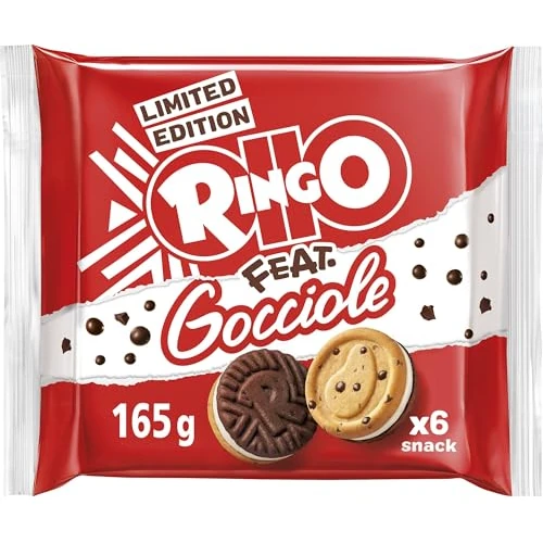 Offerta a tempo: Ringo feat. Gocciole Biscotti Limited Edition, Frollino e Frollino al Cacao con Gocce di Cioccolato e Crema al Latte Ringo, Confezione da 165g - 0.00% da 2.29 € a 2.29 €