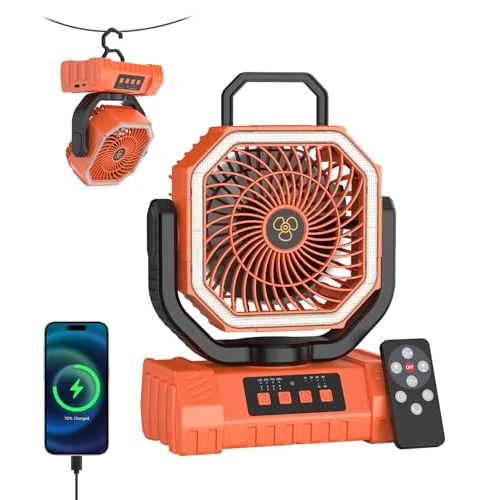 Zeitlich begrenztes Angebot: Camping Ventilator, 20000mAh Tragbarer Ventilator Akku mit LED Licht & Fernbedienung, Haken, USB Ventilator Leise Tischventilator für Outdoor Camping, Zelt, Stromausfall, Angeln, Büro (Orange) von 37.15 € auf 37.15 € (0.00% Ra