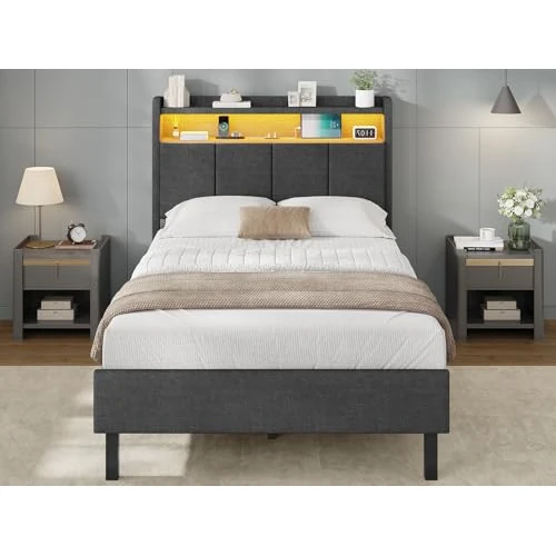 Offerta a tempo: AOGLLATI Letto Singolo con Contenitore 90x200, Letto Singolo Imbottito con Ampio Spazio di Stivaggio, Struttura Letto Contenitore con Luci LED Regolabili e Stazione di Ricarica, Lino Grigio Scuro - 0.00% da 109.99 € a 109.99 €