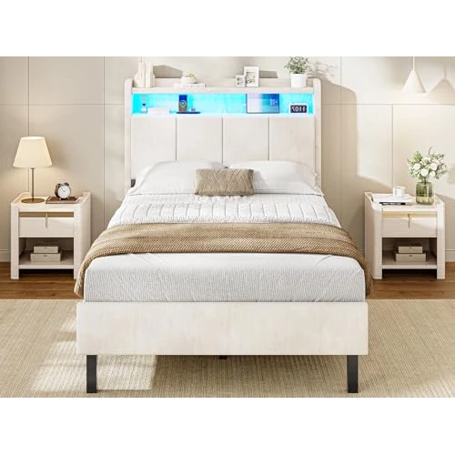 Offerta a tempo: AOGLLATI Letto Singolo con Contenitore 90x190, Letto Singolo Imbottito con Ampio Spazio di Stivaggio, Struttura Letto Contenitore con Luci LED Regolabili e Stazione di Ricarica, Velluto Beige - 0.00% da 109.99 € a 109.99 €
