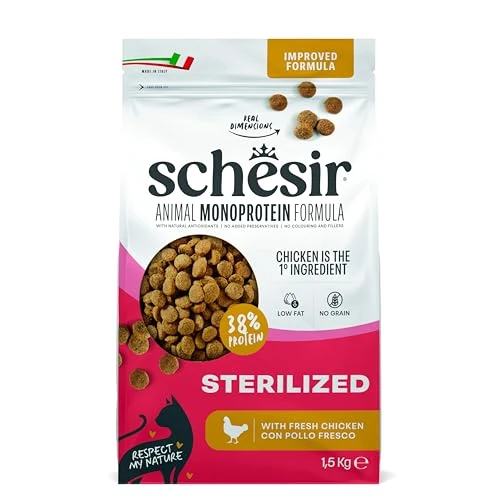 Oferta limitada: Schesir Animal Monoprotein Sterilized, Croquetas para Gatos Adultos Esterilizados, Alimento Seco Monoproteico Completo, Sabor Pollo, 1,5 kg de 17.49 € a 17.49 € (ahorro 0.00%)