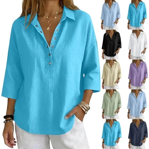 Offerta a tempo: Camicia Estiva Donna Blusa Lino Elegante Camicetta Manica 3/4 Scollo a V Button Down Traspirante Magliette Tinta Unita Cotton Lavoro Camicette Casual Tops Estive Spiaggia vacanze Oversize T Shirt - 0.00% da 21.99 € a 21.99 €