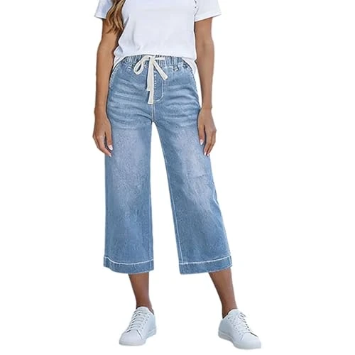Offerta a tempo: RUIRUILICO Jeans Donna Elasticizzato Vintage Estivi Jeans Vita Alta 7/8 Casual Gamba Larga con Tasche Pantaloni Corti in Denim Eleganti vestibilità Ampia - 0.00% da 39.98 € a 39.98 €