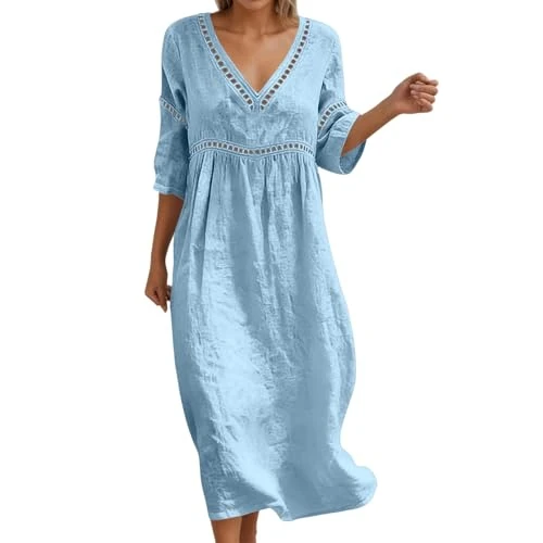Offerta a tempo: Generico Abiti Lunghi Estivi Donna Abito Lino Donna Abito Estivo A Maniche 3/4 Boho Chic Abiti Vacanza Comodo Taglie Forti Vestito Lungo in Cotone Scollo A V Vestiti da Spiaggia Morbido E Traspiranti - 0.00% da 16.99 € a 16.99 €