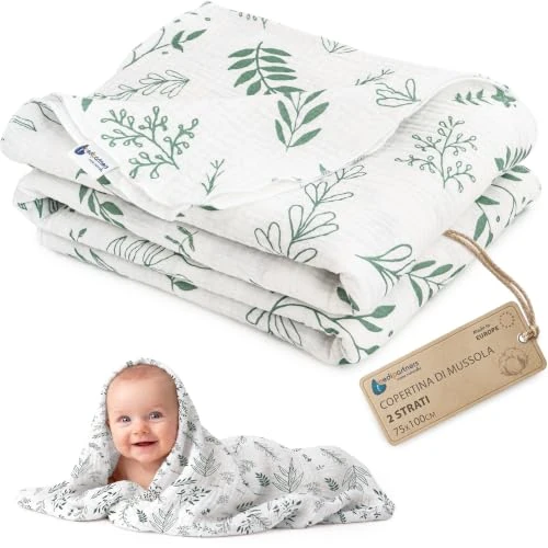 Offerta a tempo: Medi Partners Coperta di Mussola per Neonata 75x100cm Copertina Neonato per lettino - 100% Cotone Mussole naturale Blanket Neonati Invernale Estate Carrozzina Bambino (Foglia d'olivo) - 0.00% da 13.99 € a 13.99 €