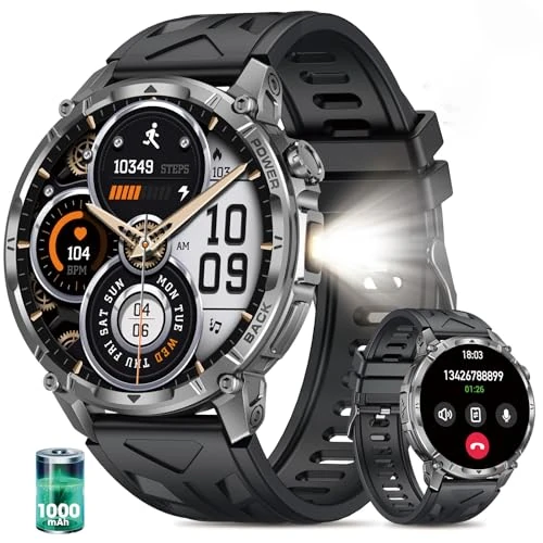 Tijdelijke aanbieding: Militaire smartwatch voor heren,met 1000mAh Batterij LED Zaklamp,1,7" HD Smartwatch met Bluetooth Bellen Hartslag,SpO2,Slaapmonitor,Hartslagbewaking,110+sportmodi,IP68, Android iOS (Zwart 1, Silicone) van 89.99 € naar 89.99 € (0.00%