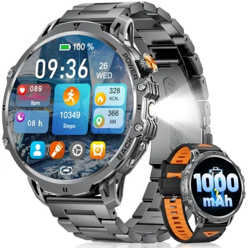 Offerta a tempo: LIGEMI Smartwatch Uomo con 1000mAh/LED Torcia, 1.85'' HD Orologio Smartwatch Uomo con Chiamata e Risposta, IP68 Impermeabile, Sonno/Cardiofrequenzimetro/SpO2, 100+ Modalità Sportive per Android iOS - 50% da 109.99 € a 54.98 €
