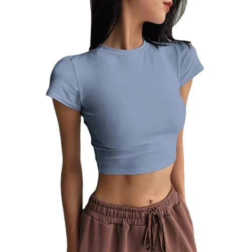 Offerta a tempo: Crop Top Maniche Corte Bianco - Maglietta Palestra Donna Curvy Tinta Unita T-Shirt Girocollo Maglietta Con Ombelico Scoperto Camicette Morbida Comoda Costine Magliette Per Festa E Tempo Libero - 0.00% da 8.92 € a 8.92 €