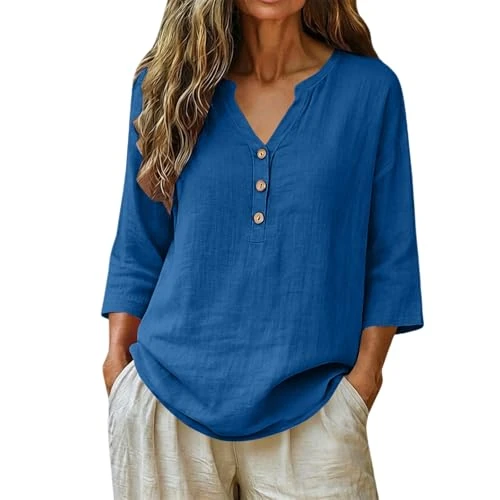 Offerta a tempo: Camicia Donna Cotone Manica 3/4 - Camicetta Donna Cotone Estiva Tinta Unita Camice Con Bottone Camicette Leggera Traspirante Blusa Scollo A V Maglietta Versatile Magliette Per Spiaggia O Tempo Libero - 0.00% da 17.76 € a 17.76 €