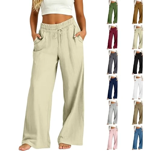 Offerta a tempo: Pantaloni Lino Donna Pantaloni Leggeri Larghi Elastico Vita Alta Lunghi Gamba Dritta Eleganti Pantalone Palazzo da Spiaggia Jogging Solido Sciolto Casual Comodi con Tasche Pantalone Donna Estivo - 0.00% da 23.98 € a 23.98 €