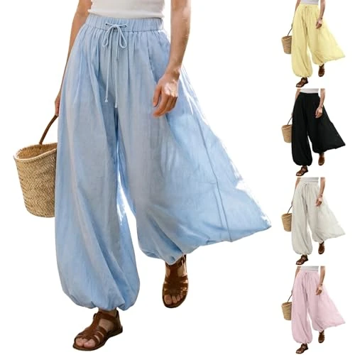 Offerta a tempo: Fccrian Pantaloni Lino Donna Estivi Vita Alta Pantaloni A Gamba Larga con Coulisse Regolabile Pantalone Palazzo Eleganti E Morbidi Tinta Unita Pantalone Donna Elegante Traspirante Gamba Dritta Pants - 0.00% da 19.98 € a 19.98 €