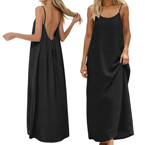 Offerta a tempo: vestiti lunghi estivi donna, Vestito Lungo in Lino Donna con Schiena Scoperta - Abito Maxi Loose Fit, Spalline Sottili e Cordino Regolabile sul Retro, per Spiaggia e Casa, Nero S - 0.00% da 16.98 € a 16.98 €