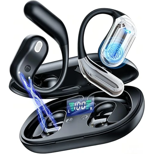 Offerta a tempo: Cuffie Open Ear Bluetooth 6.1 con IA, 50 Ore Auricolari Sportive con Ganci Auricolari Flessibili, Touch Intelligente, Ricarica Rapida 1 Ora, Custodia Ricarica Doppio LED Cuffie Running Senza Filo - 25% da 39.99 € a 29.99 €