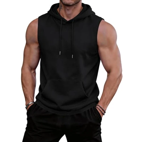 Oferta limitada: OLIPHEE Camiseta sin Mangas Hombre con Capucha Chaleco Deportivo Hombre con Bolsillo Canguro Camiseta Entrenamiento Deporte Fitness Gym Vacacione A-Negro XL de 19.89 € a 12.89 € (ahorro 35%)
