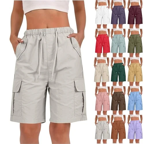 Offerta a tempo: Pantaloncini Donna Cargo Shorts Estivi, Donna Multitasche Pantaloni da Lavoro elastici in vita con coulisse Cargo Pantaloncini, Vita Alta Leggeri Shorts Casual Esterno Pantaloni per Viaggi Escursioni - 0.00% da 29.98 € a 29.98 €