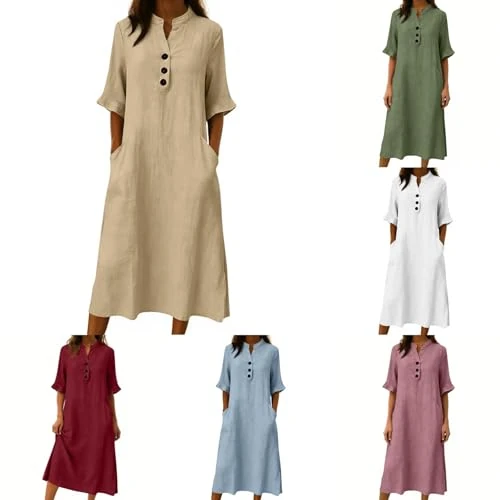 Offerta a tempo: vestito in lino, Vestiti Estivi Donna Lino Abiti Casual Eleganti Vestito in Cotone con Bottoni Manica Larghe Abito Vacanza Comodo Taglie Forti Summer Dress Spiaggia Copricostume Prendisole, Beige, M - 0.00% da 23.98 € a 23.98 €