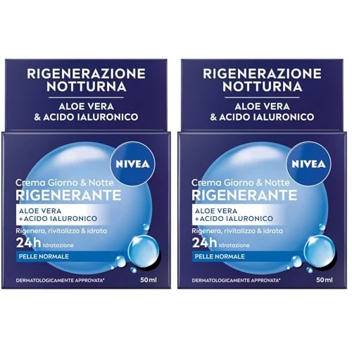 Offerta a tempo: NIVEA Crema Giorno & Notte Rigenerante 50 ml, Crema idratante viso con Aloe Vera e Acido Ialuronico per 24h di idratazione rigenerante, Skincare ad assorbimento rapido per pelle normale - 80% da 11.98 € a 2.40 €