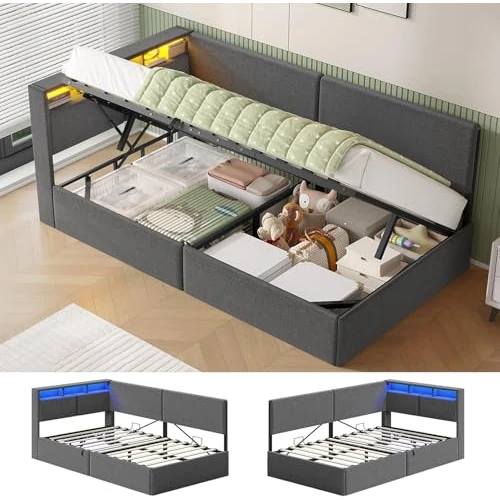 Offerta a tempo: AOGLLATI Letto Singolo con Contenitore Idraulico 90x200, Divano Letto Singolo con Testiera Imbottita y Luce LED Regolabile, Struttura Letto Singolo con Stazione di Rricarica, Salvaspazio, Grigio Scuro - 5% da 189.99 € a 179.99 €