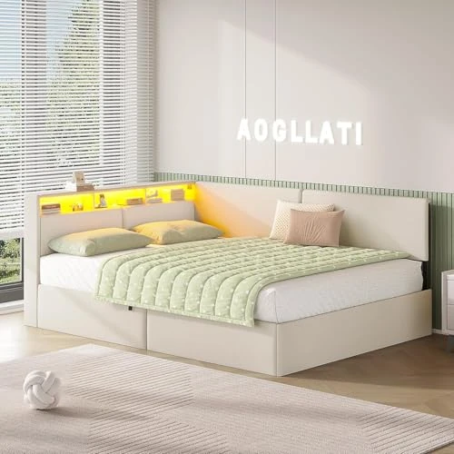 Tijdelijke aanbieding: AOGLLATI Tweepersoonsbed met hydraulische container, 140 x 200 cm, tweepersoonsbed met gevoerd hoofdeinde en verstelbaar ledlicht, bedframe met laadstation, ruimtebesparend, beige van 169.99 € naar 169.99 € (0.00% korting)