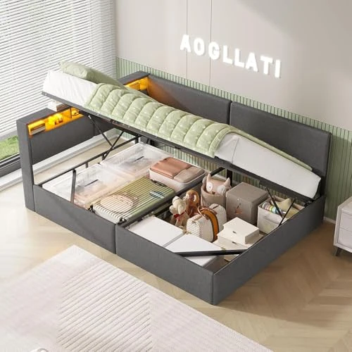 Tijdelijke aanbieding: AOGLLATI Tweepersoonsbed met hydraulische container, 140 x 200 cm, tweepersoonsbed met gevoerd hoofdeinde en verstelbaar ledlicht, bedframe met laadstation, donkergrijs van 179.99 € naar 179.99 € (0.00% korting)