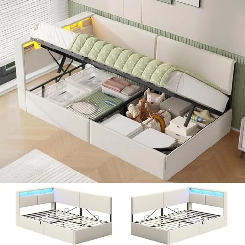 Offerta a tempo: AOGLLATI Letto Singolo con Contenitore Idraulico 90x200 cm, Divano Letto Singolo con Testiera Imbottita y Luce LED Regolabile, Struttura Letto Singolo con Stazione di Rricarica, Salvaspazio, Beige - 0.00% da 179.99 € a 179.99 €