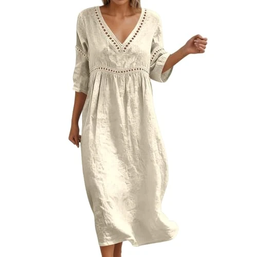 Offerta a tempo: abito lungo estivo donna, Abito Estivo Donna in Lino - Veste Midi con Scollo a V e Maniche a 3/4, Dettaglio in Pizzo Traforato sulle Maniche, Vestibilità a Palloncino Morbida e Traspirante, Bianco L - 0.00% da 21.98 € a 21.98 €