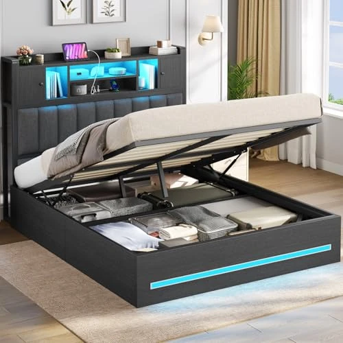Offerta a tempo: AOGLLATI Letto Contenitore 140x200 cm con Sollevamento Idraulico, Letto Matrimoniale con Luci LED e Porta USB, Sommier a Doghe in Legno, Testiera Imbottita Nero con 7 Vani Portaoggetti, Nero - 3% da 164.99 € a 159.99 €