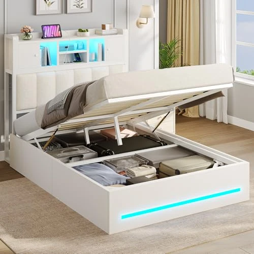 Offerta a tempo: AOGLLATI Letto Contenitore 90x200 cm con Sollevamento Idraulico, Letto Singolo con Luci LED e Porta USB, Sommier a Doghe in Legno, Testiera Imbottita Nero con 7 Vani Portaoggetti, Bianco - 18% da 169.99 € a 139.99 €